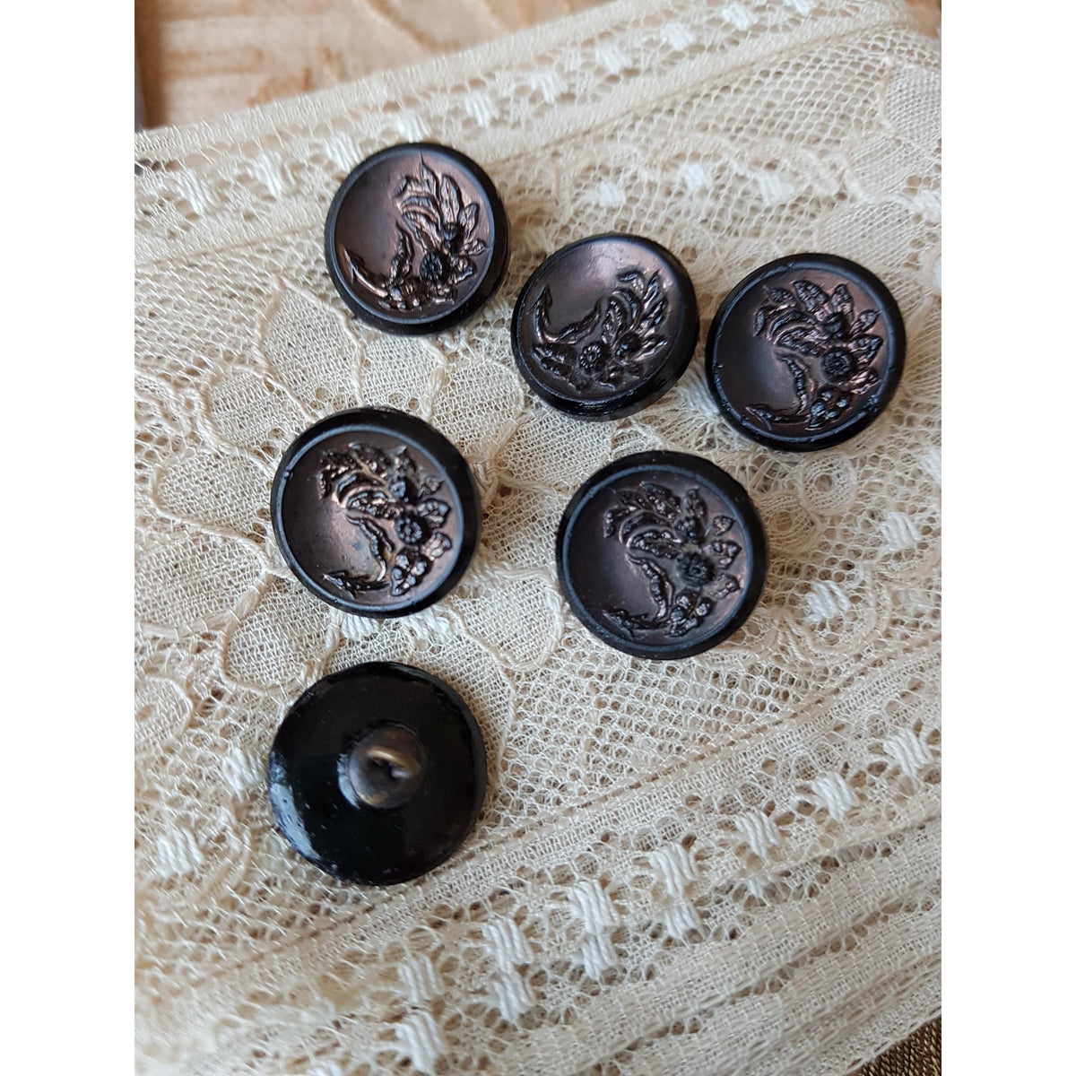 Antique French Jet Glass Victorian Fancy Buttons,Set of 6,Highly Detailed Design,ForHeirloom Sewing, Dolls, Collectible Vintage Buttons
