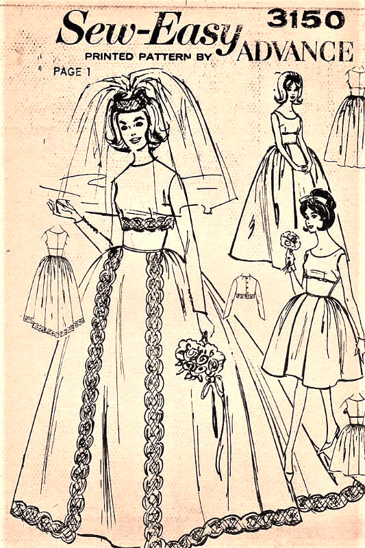 1960s BEAUTIFUL Wedding Bridal Gown or Evening Cocktail Party Dress Pattern ADVANCE 3150 Lovely Design Includes Button Back Jacket Bust 36 Vintage Sewing Pattern FACTORY FOLDED