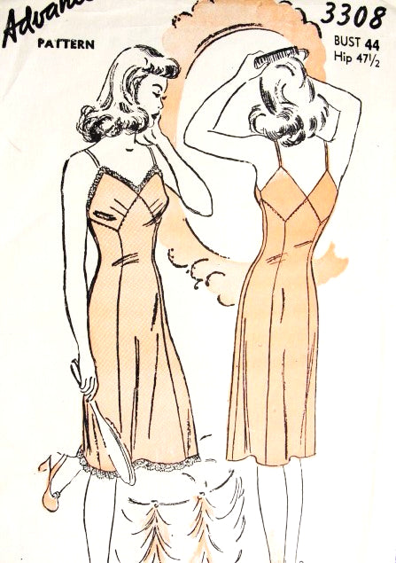 1940s PIN UP Style Slip Pattern ADVANCE 3308 War Time WW II Lovely Slip Plain or Lace Trim V Back Bust 32 Vintage Sewing Pattern