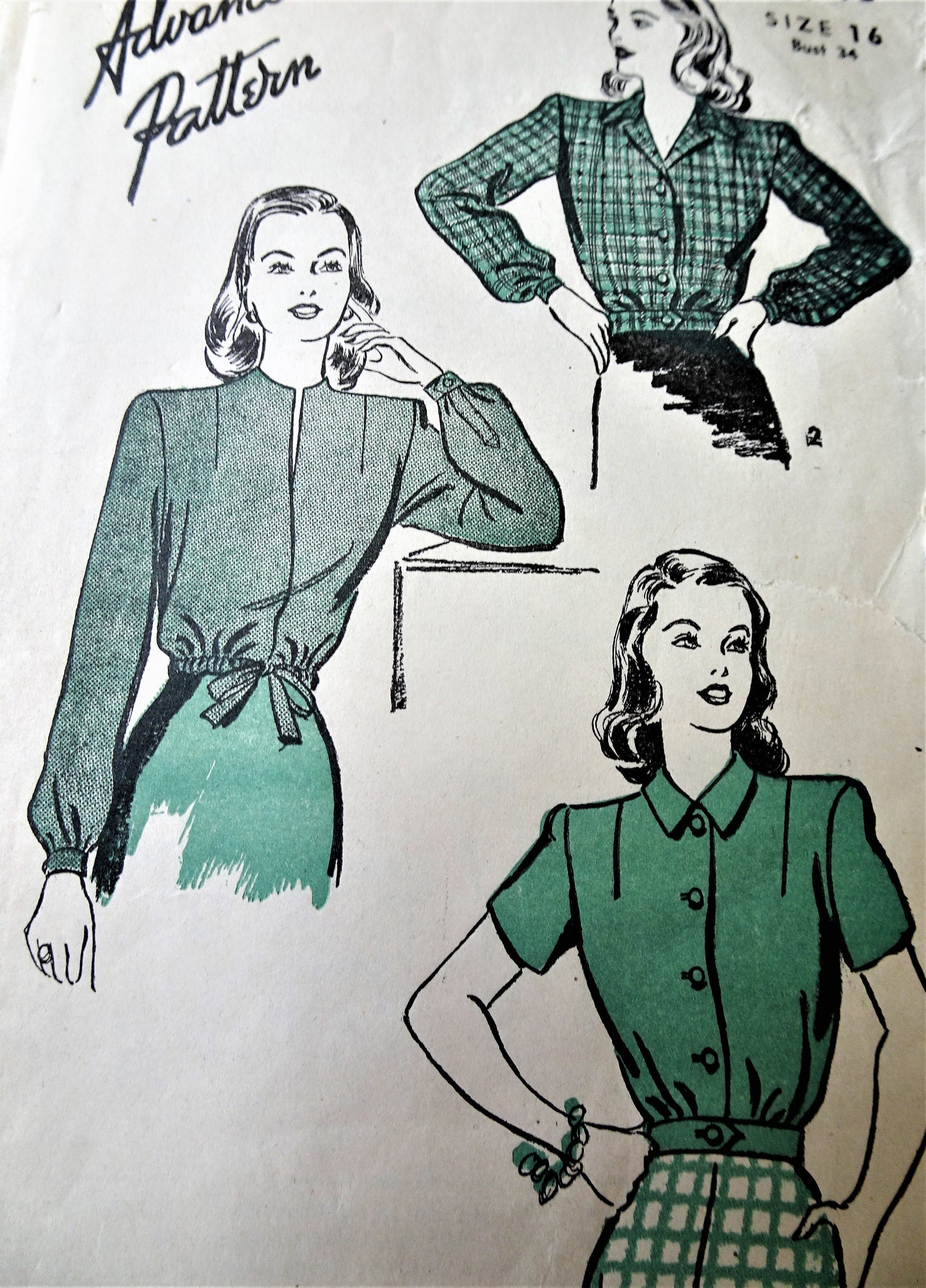 1940s WW II Set Of Jackets Pattern ADVANCE 3946 Three Styles Includes Battle Jacket Design Bust 34 Vintage Sewing Pattern
