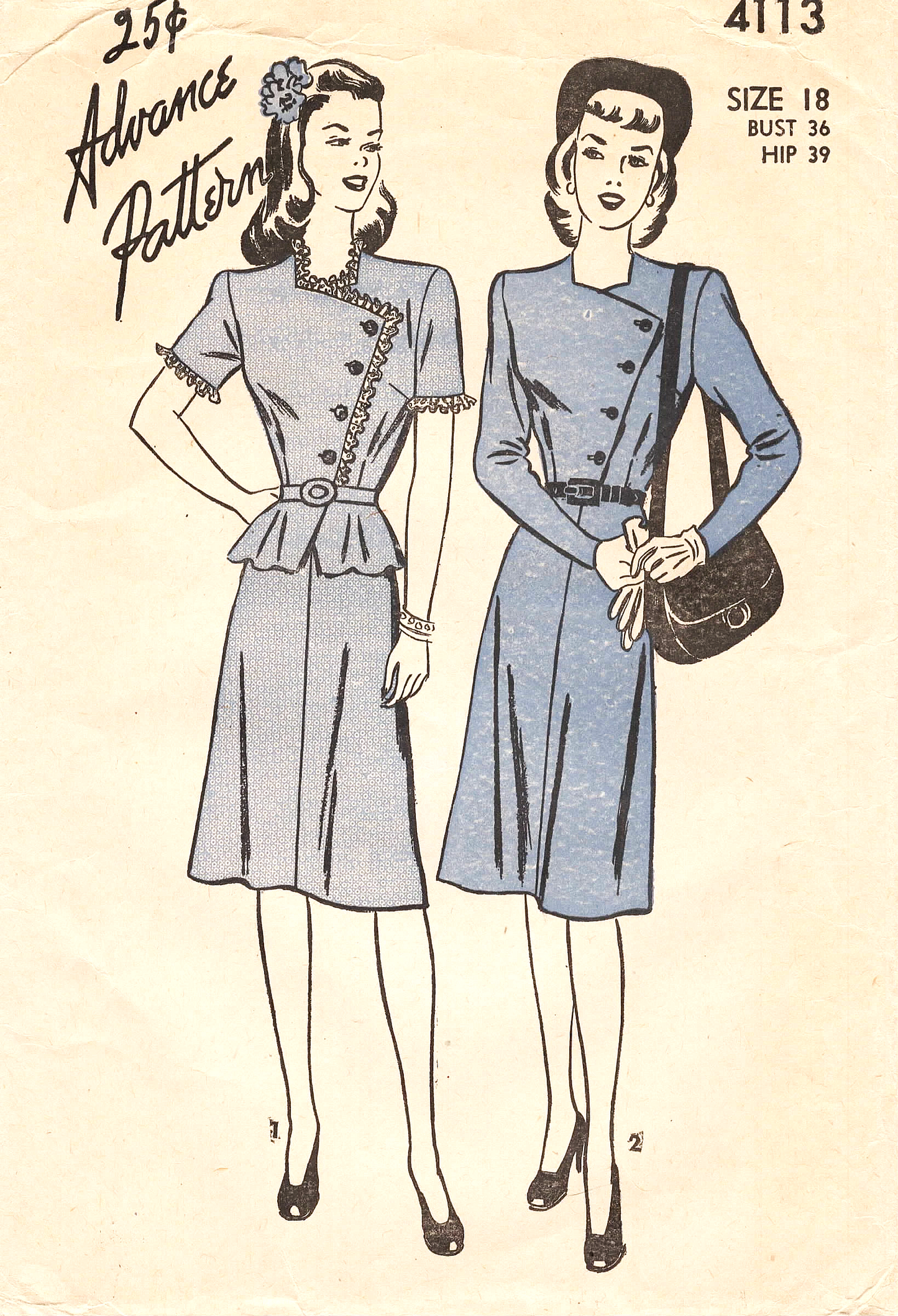 1940s FABULOUS Dress Pattern ADVANCE 4113 Eye Catching Angled Closing Bodice, Peplum Version , Bust 36 Vintage Sewing Pattern
