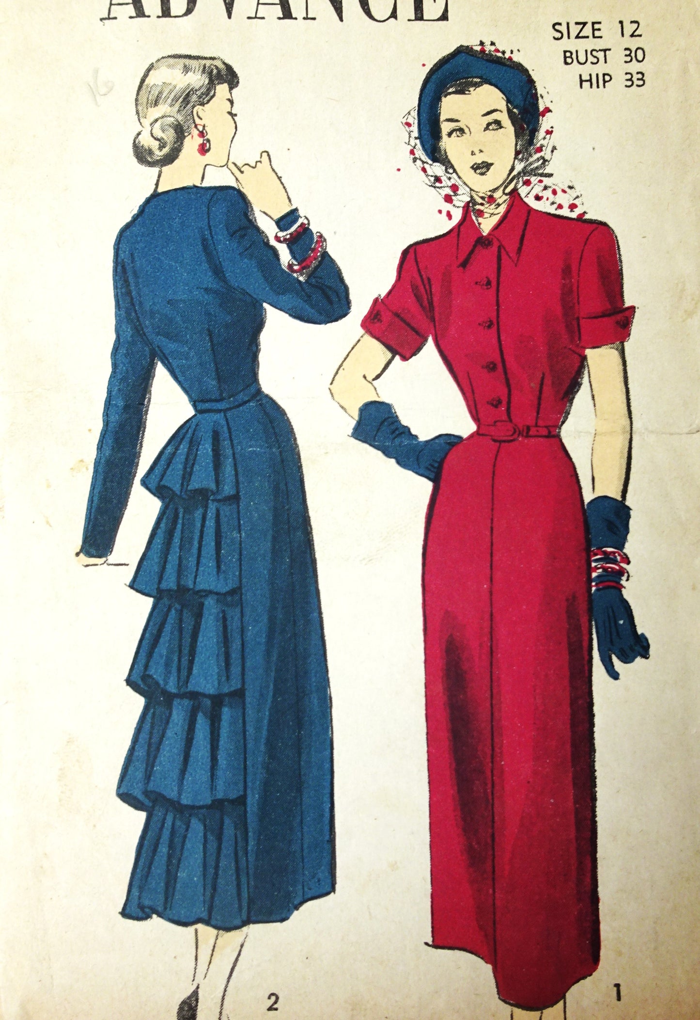 1940s FILM NOIR Day or Cocktail Party Dress Pattern ADVANCE 4923 Slim Front, Flirty Ruffled Back Panel, Bust 30 Vintage Sewing Pattern