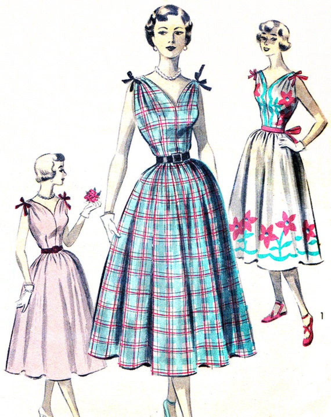 1950s LOVELY Dress Pattern ADVANCE 5627 Full Skirt Sundress V Neckline and Back,Shoulder Bows Bust 32 Vintage Sewing Pattern