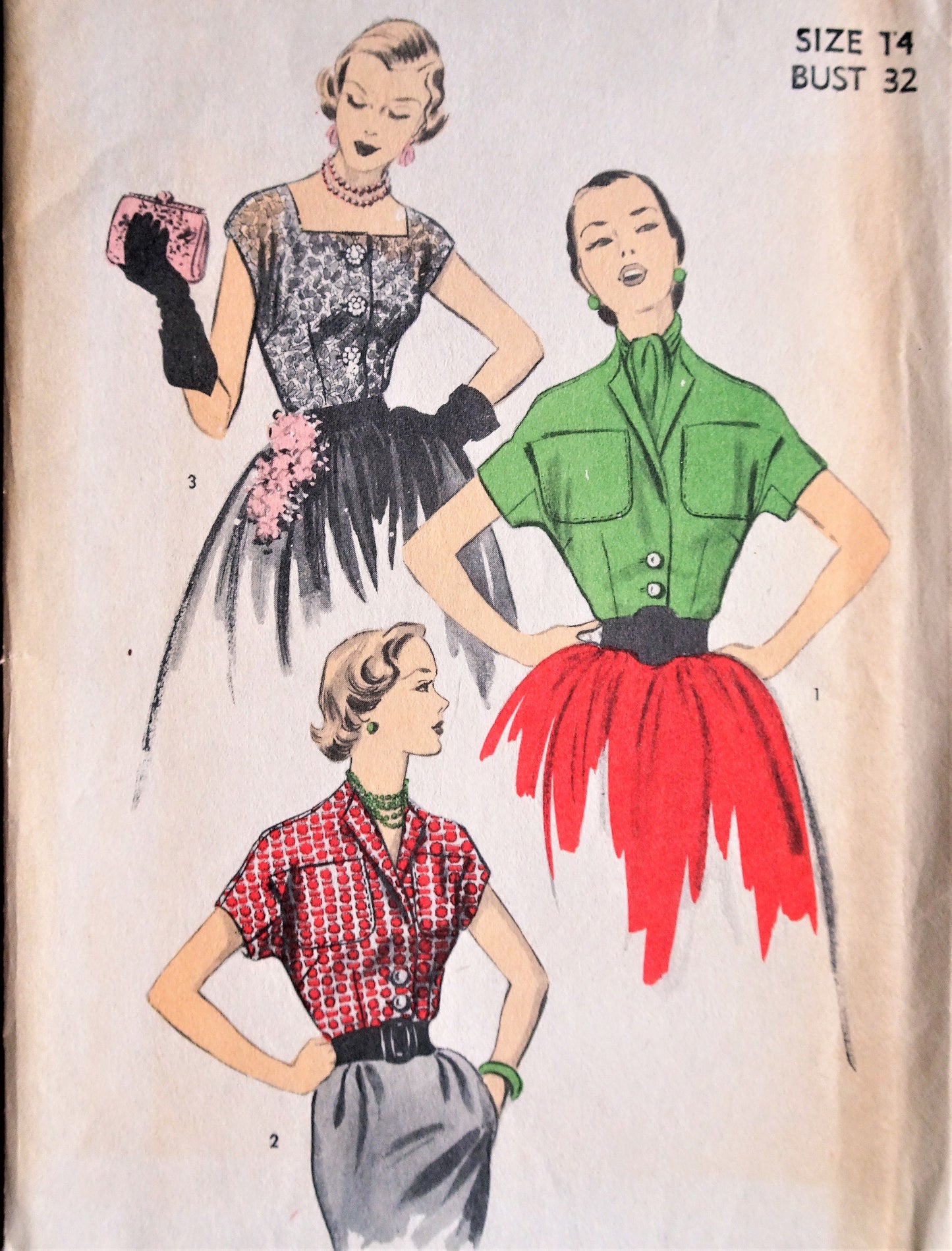 1950s FABULOUS Set of Blouse Patterns ADVANCE 5947 Three Styles, Day to Party Evening, Bust 32 Vintage Sewing Pattern FF