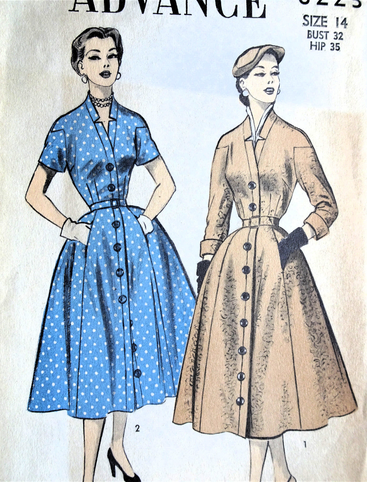 1950s FABULOUS Coat Dress Pattern ADVANCE 6223 Lovely Neckline, Front Button Flared Dress Bust 32 Vintage Sewing Pattern FF
