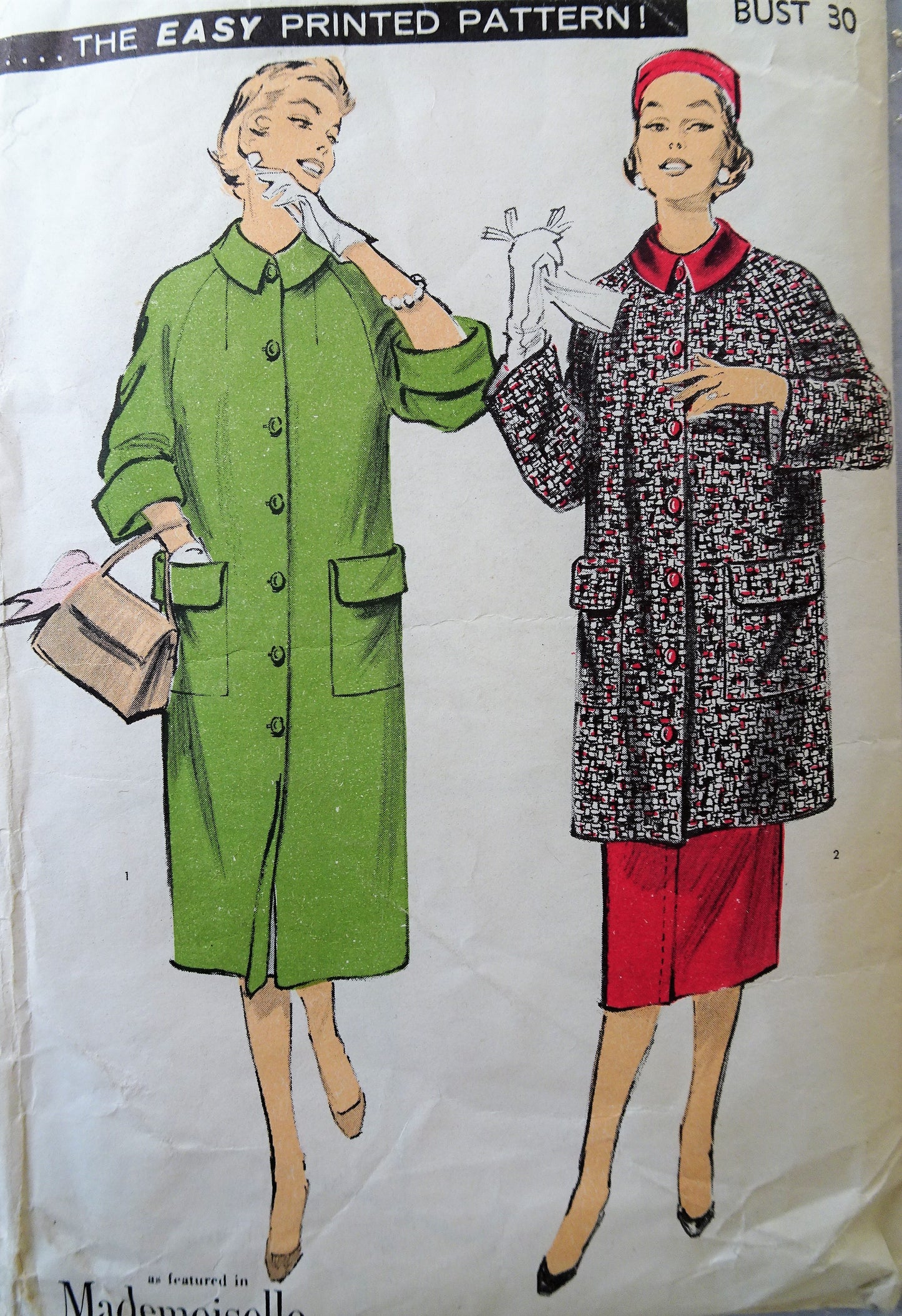 1950s COAT and Slim Skirt Pattern ADVANCE 7762 Raglan Sleeved Coat in 2 Lengths, Slim Skirt Bust 30 Vintage Sewing Pattern
