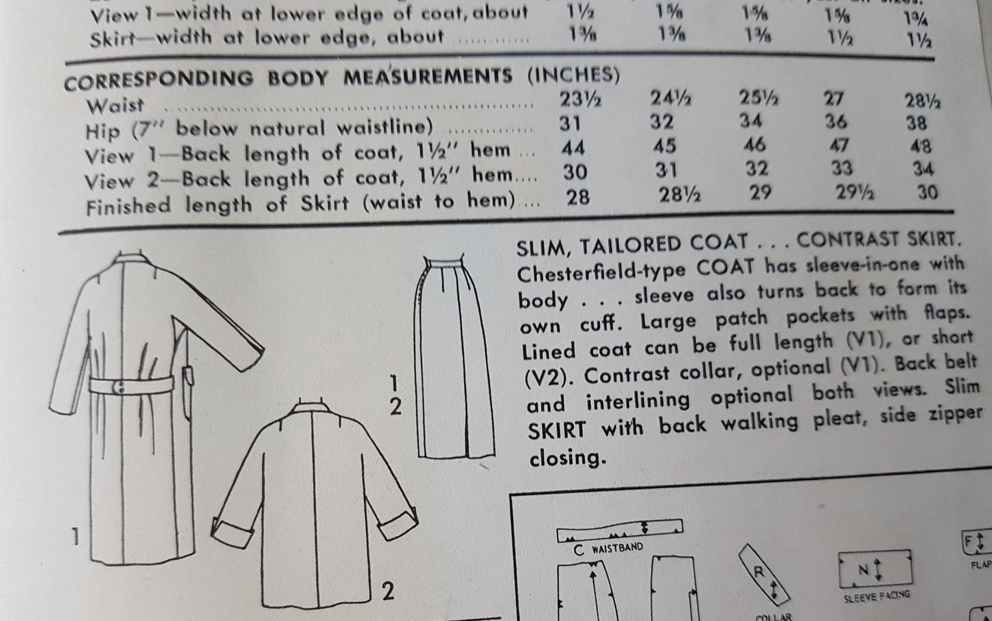1950s Coat or Jacket and Slim Skirt Pattern ADVANCE 7764 Slim Tailored Chesterfield Coat, Bust 29 Vintage Sewing Pattern FF