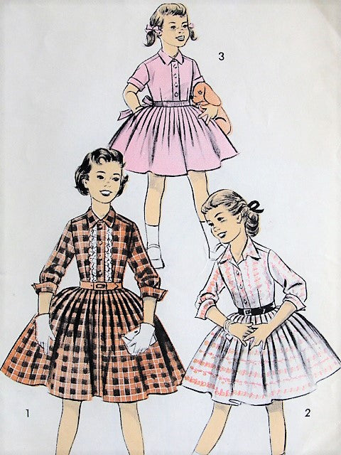 1950s Little Girls Shirt Waist Dress Pattern ADVANCE 8023 Three Cute Girls Style Versions Size 6 Childrens Vintage Sewing Pattern