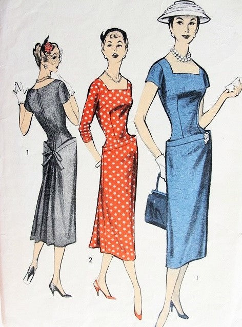 1950s ELEGANT Day or Cocktail Evening Party Dress Pattern ADVANCE 8050 Back Interest Sheath Front Back Pleated Elongated Bodice Square Neckline Bust 34 Vintage Sewing Pattern