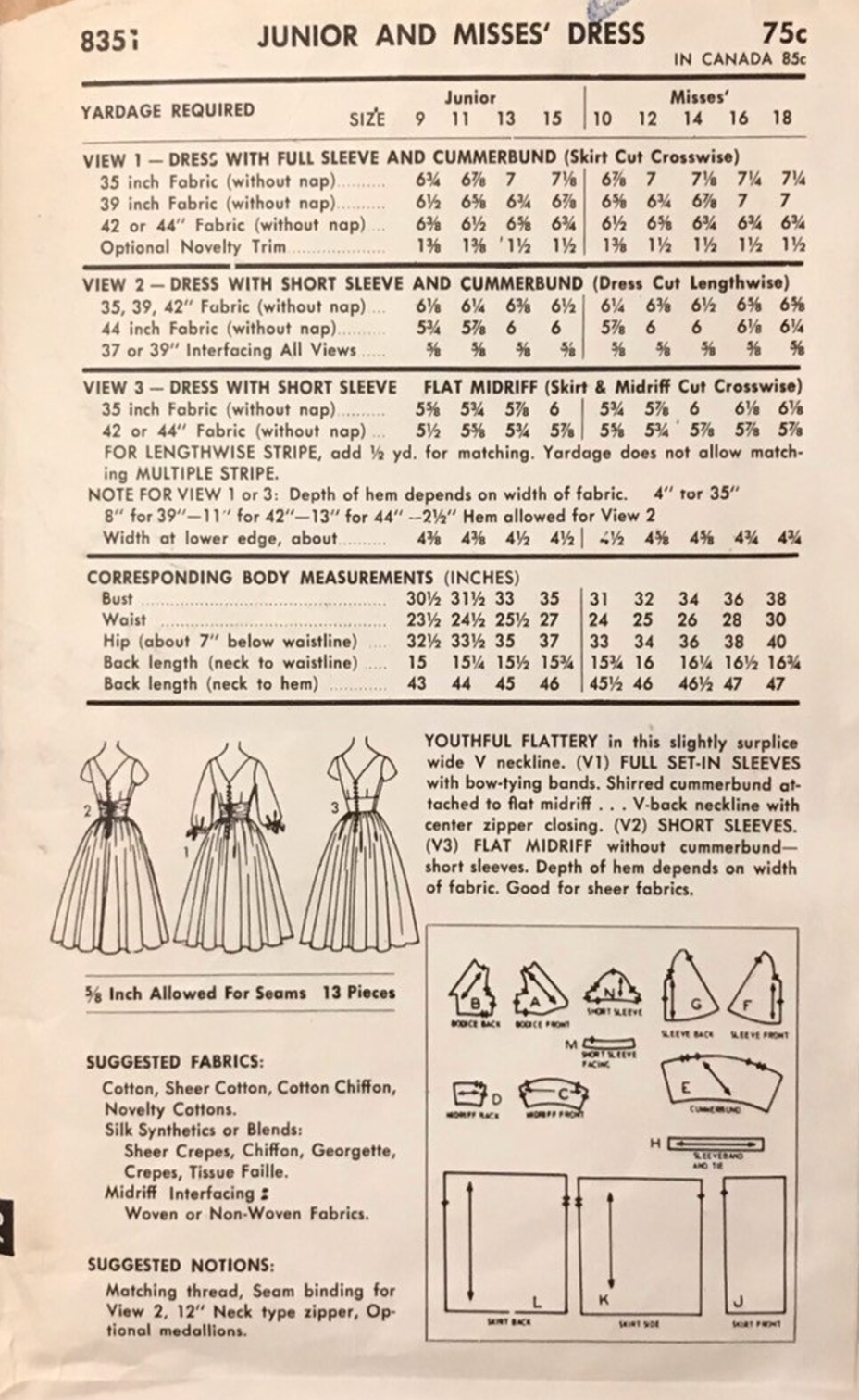 1950s BEAUTIFUL Evening Party Dress Pattern ADVANCE 8351 Surplice V Neckline, Cummerbund, Full Skirt Cocktail Dress,Bust 32 Vintage Sewing Pattern FACTORY FOLDED