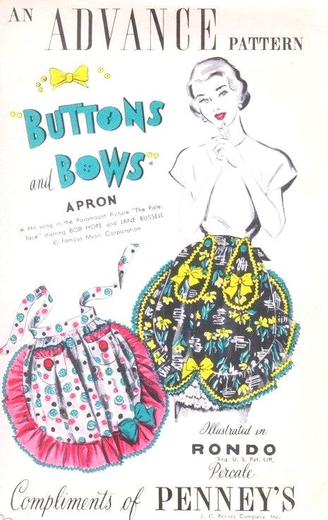 1940s CUTE Aprons Pattern,Advance Buttons and Bows Apron,Pretty Half Aprons Two Style Versions,Vintage Sewing Pattern