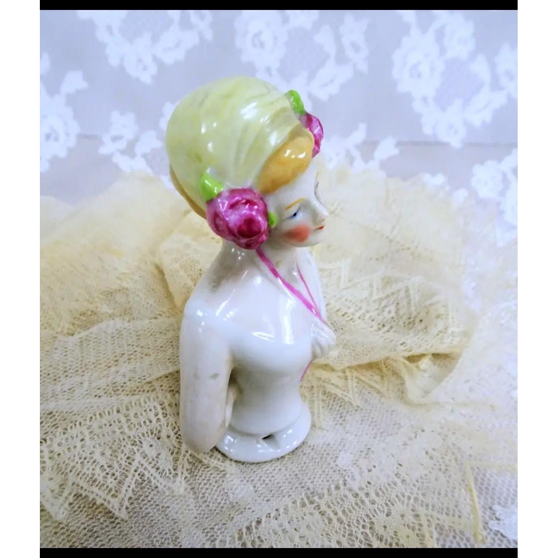 LOVELY Antique Half Doll,Pin Cushion Doll,German Made,Porcelain Half Doll,Art Deco Doll,Vanity Display,Collectible Vintage Pin Cushion Dolls