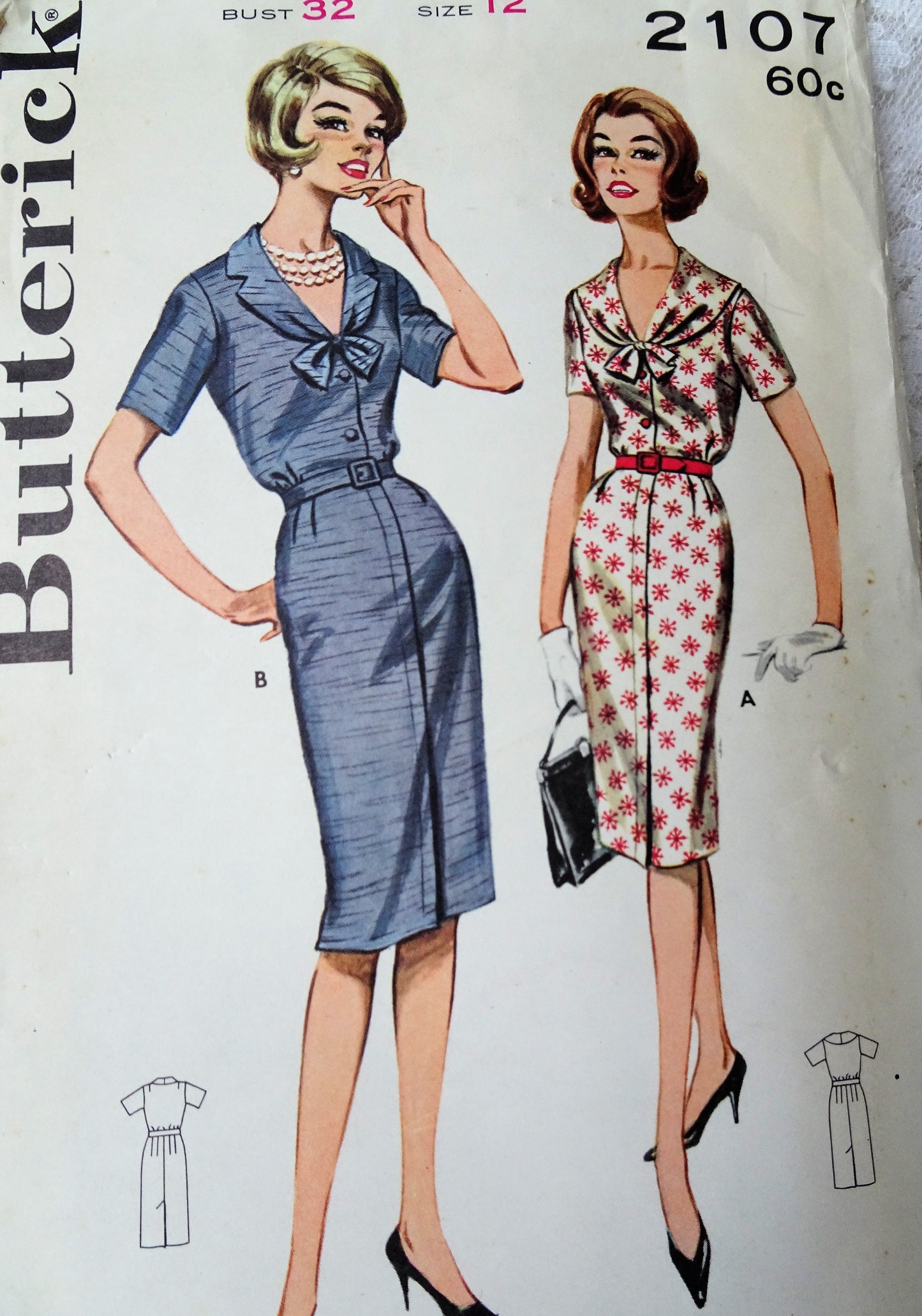 Late 1950s SLEEK Slim Dress Pattern BUTTERICK 2107 Slim Skirted Dress, Lovely Neckline, Bust 32 Vintage Sewing Pattern