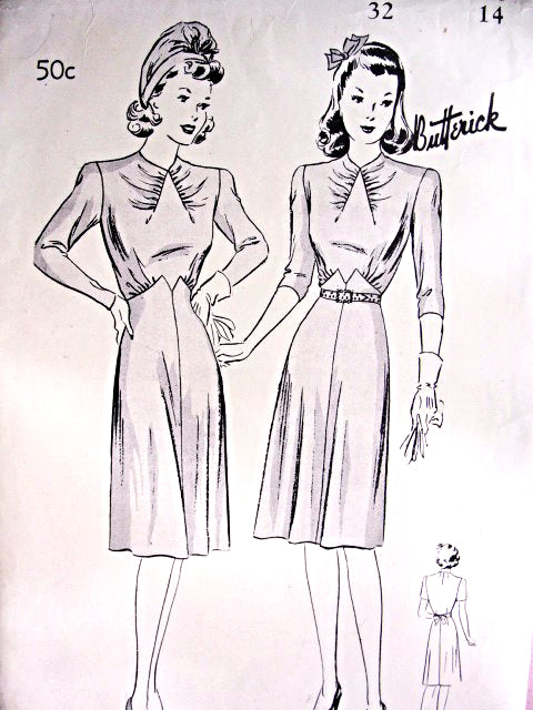 1940s Stunning Dress Pattern Butterick 2258 Lovely Draped Neckline Flared Skirt Daytime or After 5 Dress Bust 32 Vintage Sewing Pattern FACTORY FOLDED