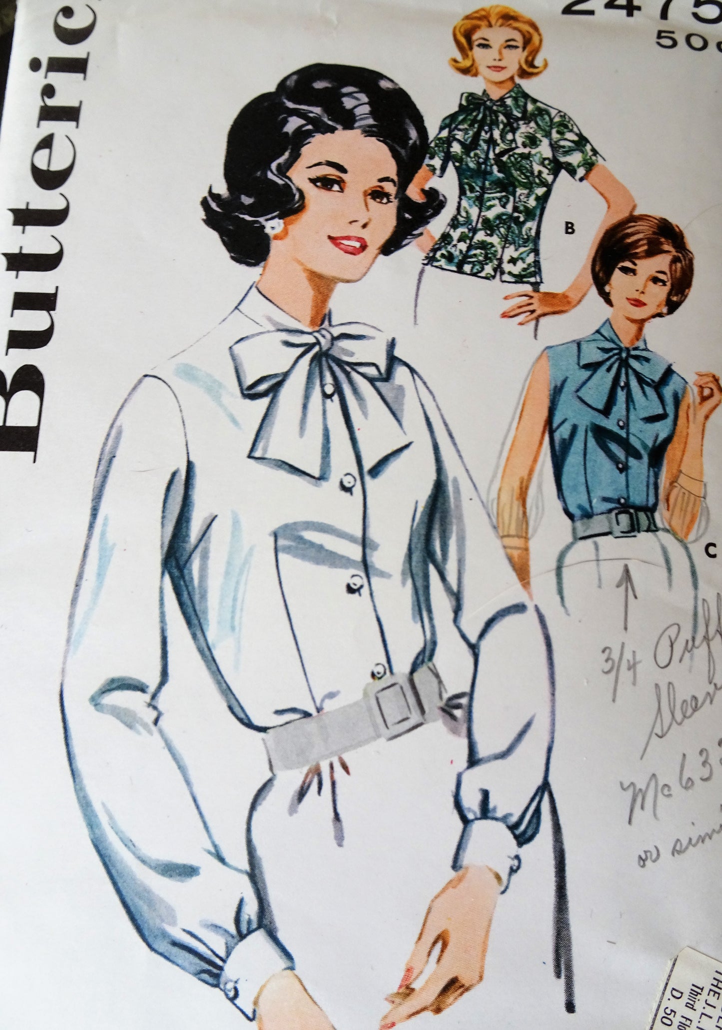 1960s PRETTY Bow Blouse Pattern BUTTERICK 2475 Tuck In or Overblouse, 3 Sleeve Versions, Bust 34 Vintage Sewing Pattern FACTORY FOLDED
