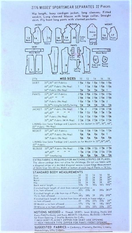 1960s CLASSIC Sportswear Separates Pattern BUTTERICK 2776 Skinny HighWaist Pants, slim Skirt, Vest and Boxy Jacket Bust 36 Vintage Sewing Pattern UNCUT