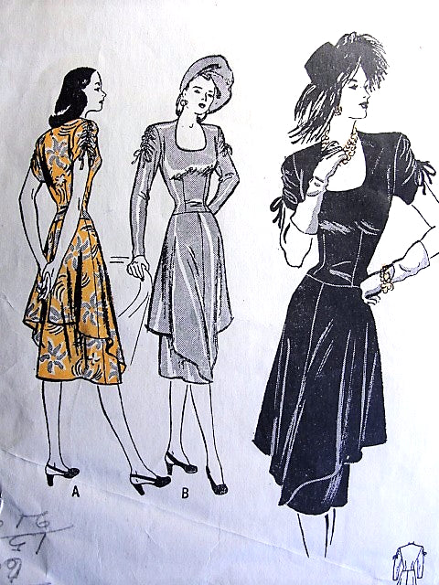 1940s STUNNING Dress and Tunic Skirt Pattern BUTTERICK 4023 Eye Catching Design Dinner Evening Dress Horseshoe Neckline Drawstring Sleeves Bust 34 Vintage Sewing Pattern