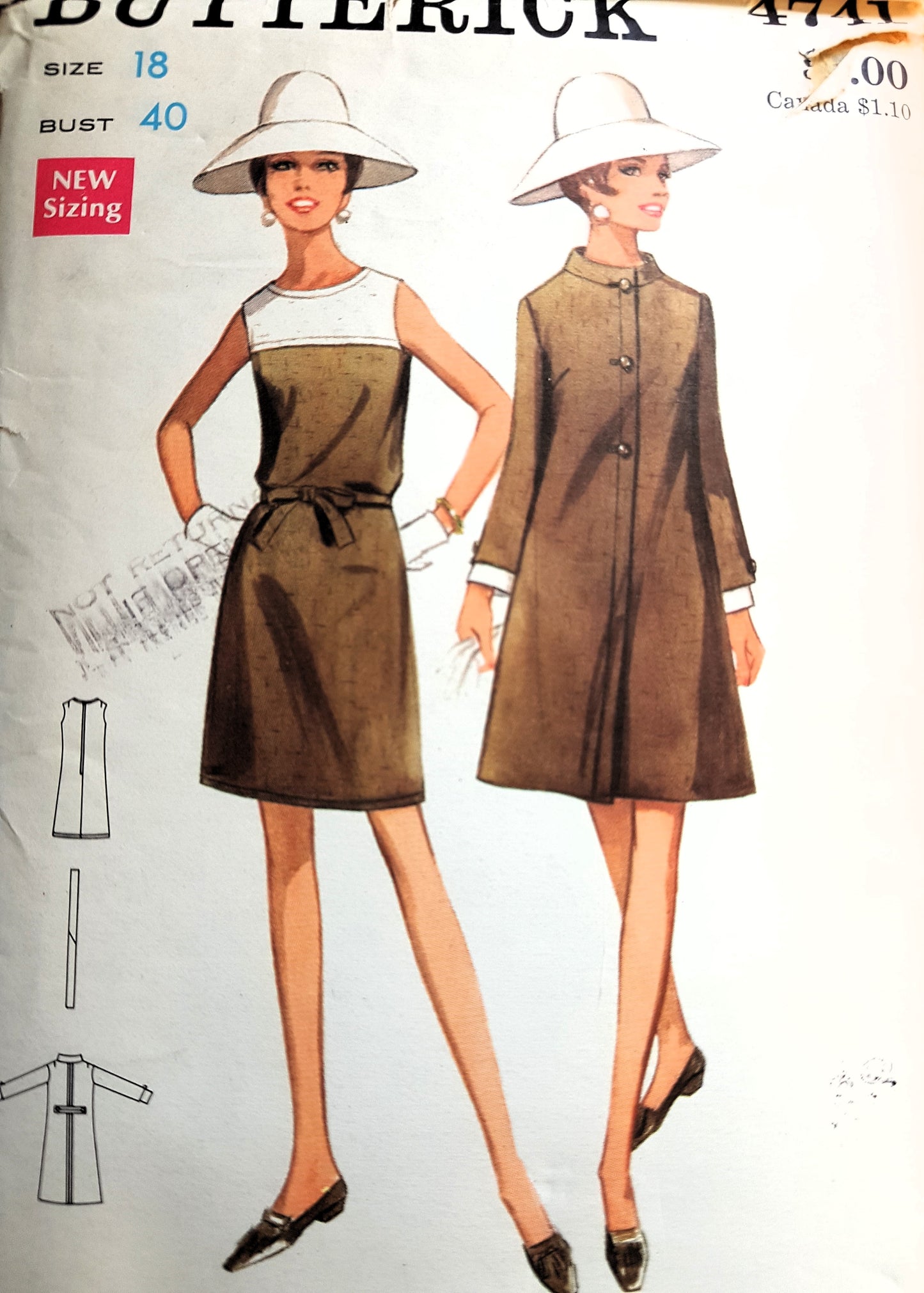 1960s MOD Dress and Coat Pattern BUTTERICK 4741 Slightly A Line Design, Day or Dinner Party Ensemble, Bust 40 Vintage Sewing Pattern