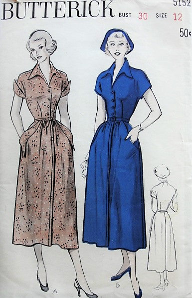 1940s CLASSIC Full Dress with Pockets and Winged Collar Butterick 5152 Bust 30 Vintage Sewing Pattern