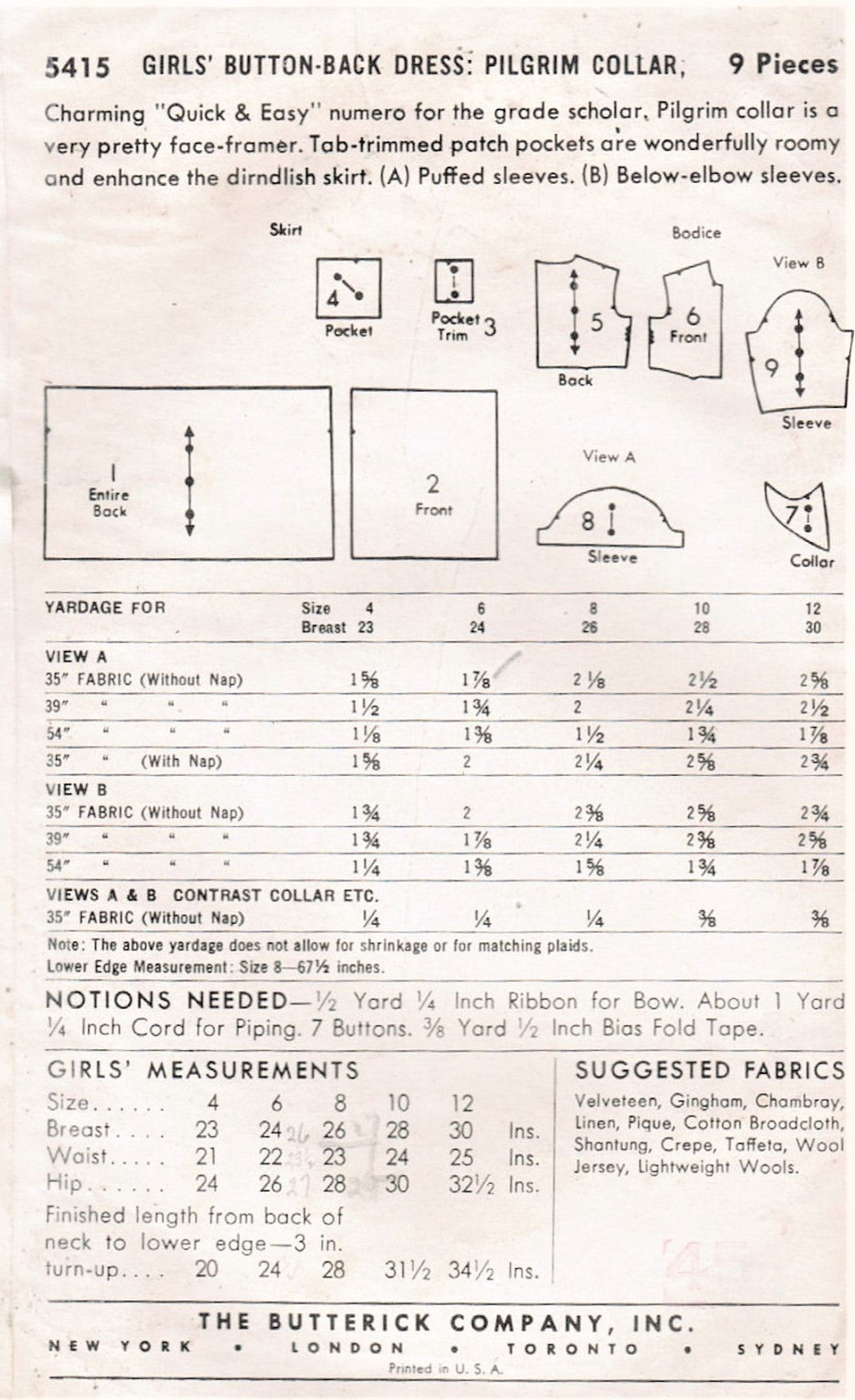 1950s PRETTY Girls Dress pattern BUTTERICK 5415 Puff Sleeves Full Skirt Dress Size 6 Childrens Quick n Easy Vintage Sewing Pattern