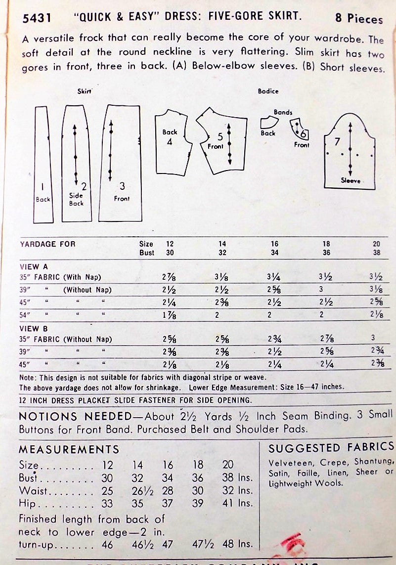 1950s STYLISH Slim Dress Pattern BUTTERICK 5431 Gathered Neckline, Day or After 5 Bust 34 Vintage Sewing Pattern FACTORY FOLDED