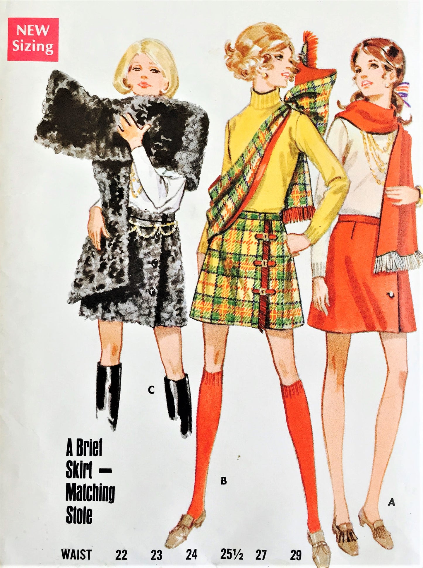 1960s MOD Mini Skirts and Stole Pattern BUTTERICK 5489 Three Cute Styles Side Wrap, Kilt, Button Closing Waist 27 Vintage Sewing Pattern FACTORY FOLDED