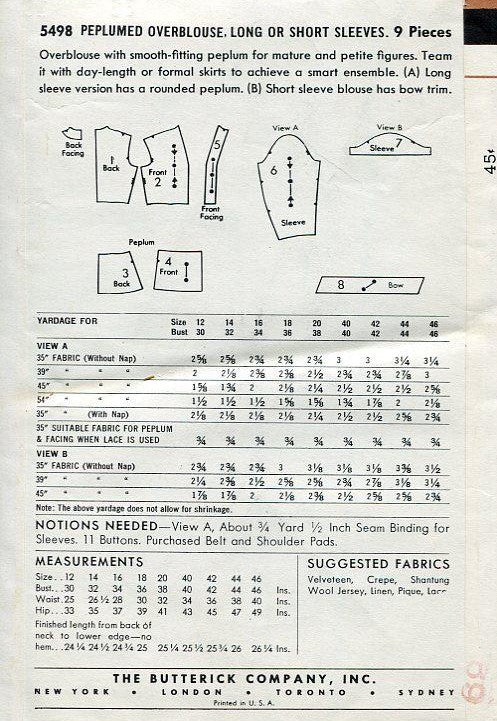 1950s Beautiful Peplum Blouse Pattern BUTTERICK 5498 V Neckline Overblouse Day or Evening Bust 32 Vintage Sewing Pattern FACTORY FOLDED