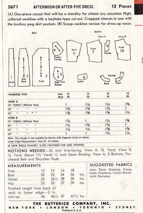 1950s KEYHOLE neckline Dress Pattern BUTTERICK 5671 Day or After 5 Party Dress Two Necklines Bust 34 Vintage Sewing Pattern FACTORY FOLDED