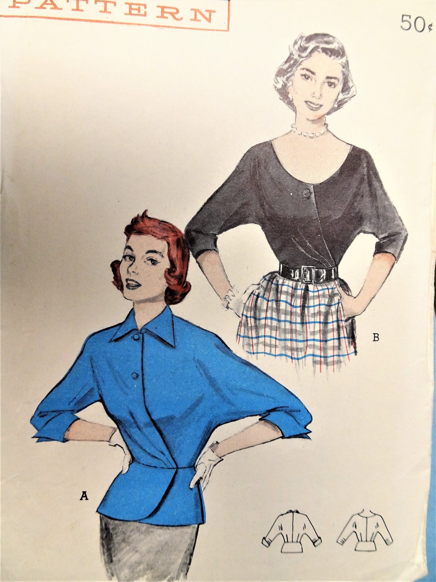 1950s STYLISH Over or Tuck In Blouse Pattern BUTTERICK 5893 Side Wrapped Blouse Cuffed, Wing Sleeves Perky Collar Bust 34 Vintage Sewing Pattern