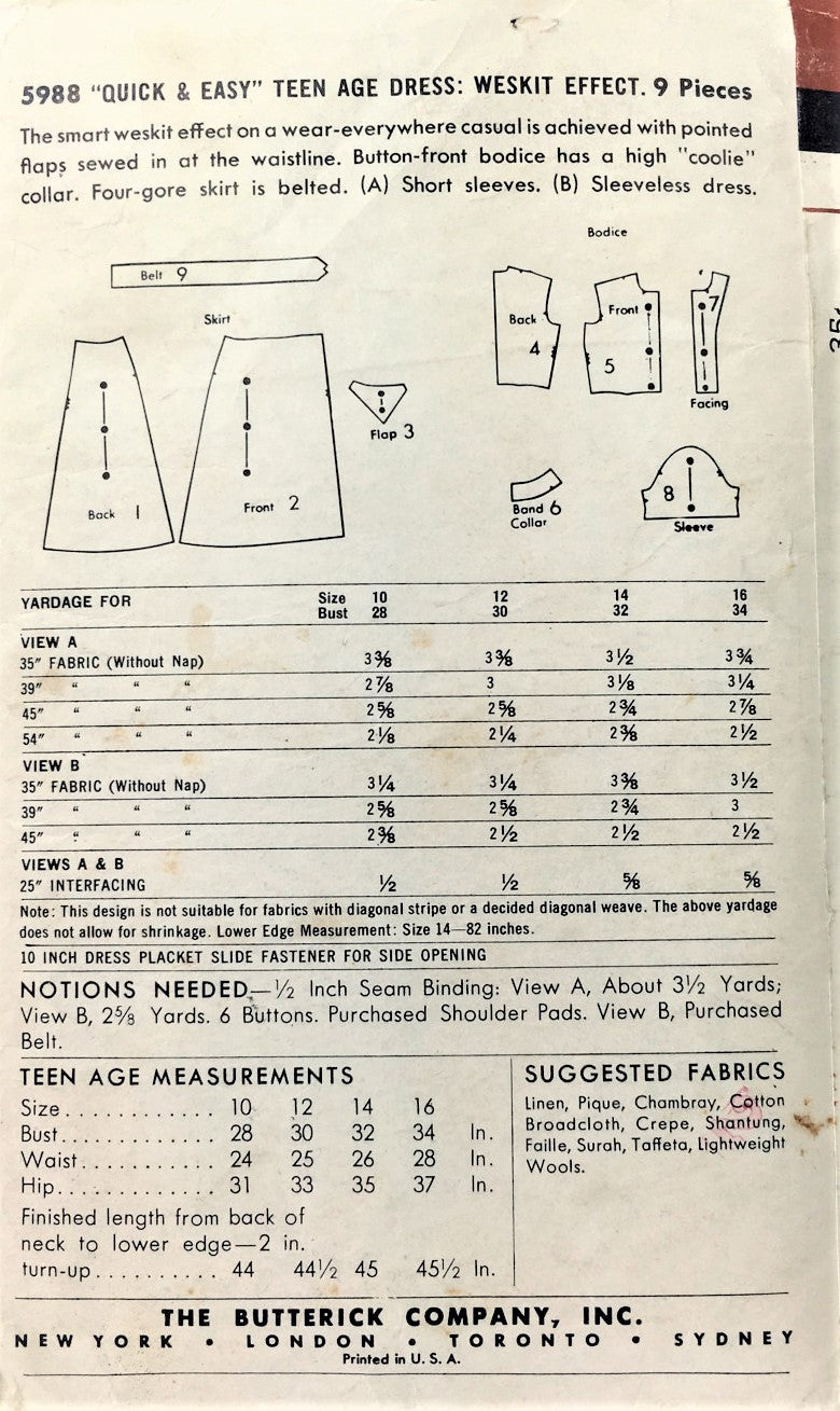 1950s FLIRTY Dress Pattern BUTTERICK 5988 Two Perky Style Versions Weskit Effect Bust 34 Vintage Sewing Pattern FACTORY FOLDED