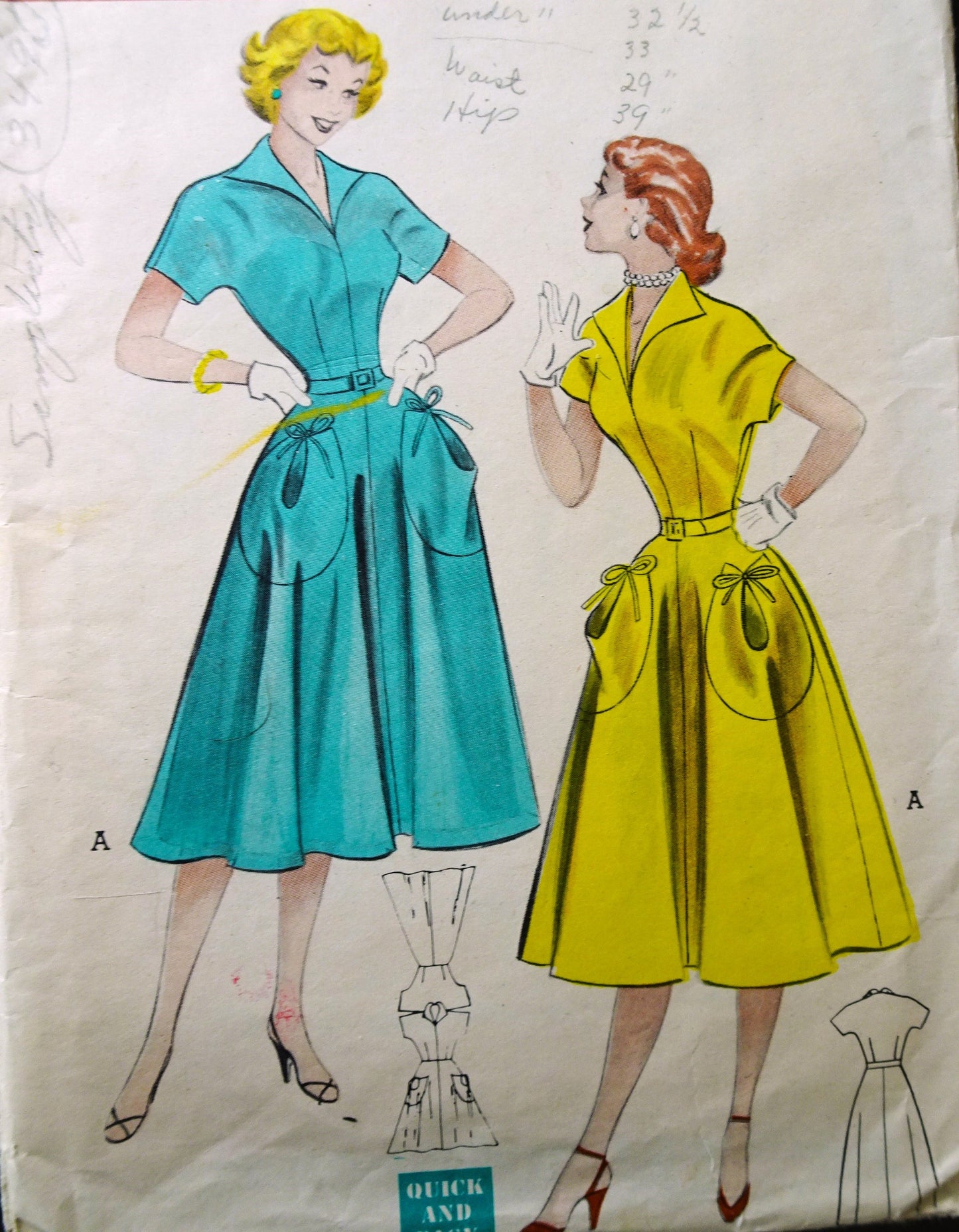 1950s CUTE Pouch Pockets Dress Pattern BUTTERICK 6138 Lovely Wing Collar Figure Flattering Dress, Bust 34 Vintage Sewing Pattern