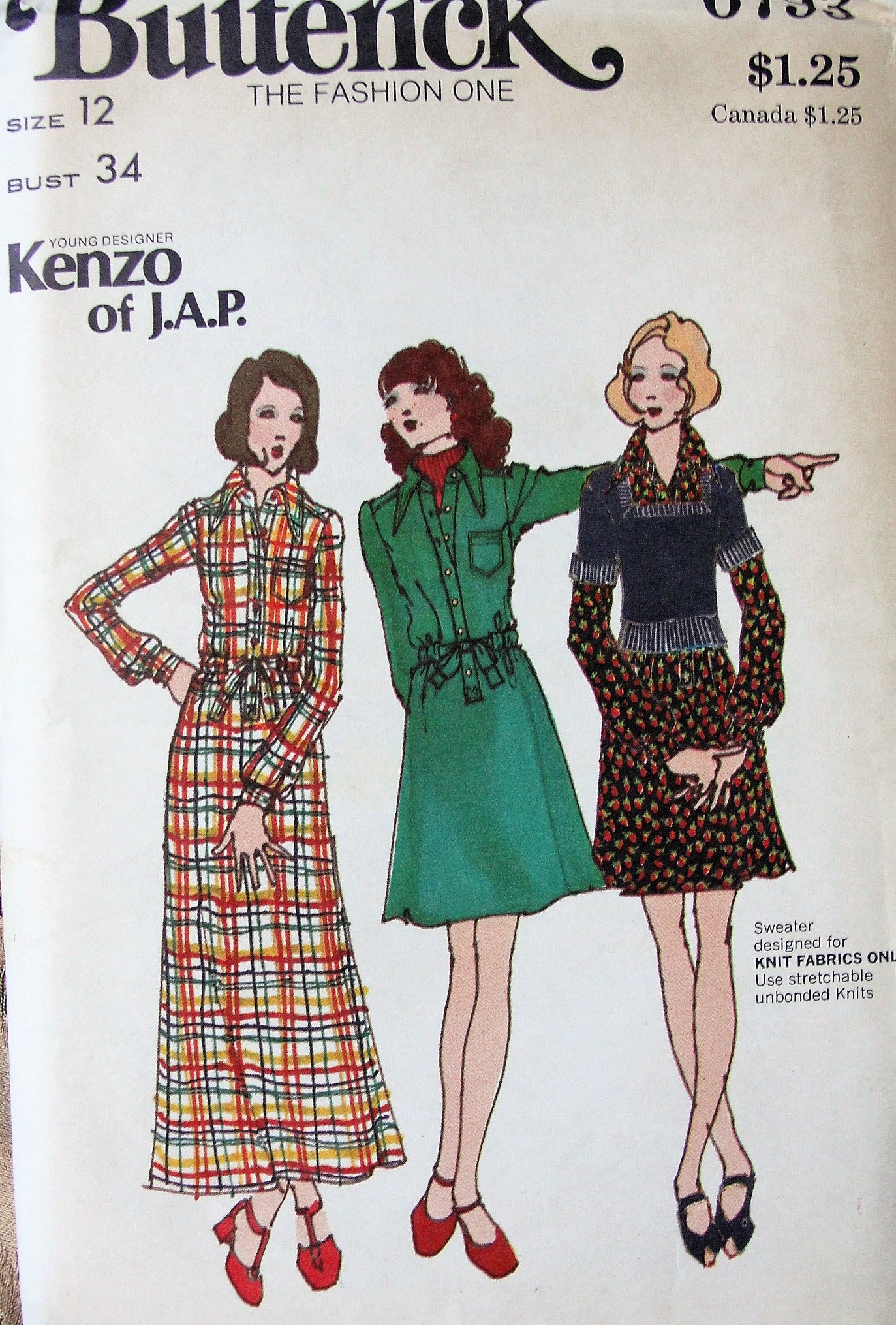 1970s FAB KENZO Shirt Dress and Sweater Pattern BUTTERICK 6793 Regular or MAXI Length Shirtdress Bust 34 Vintage Sewing Pattern FACTORY FOLDED
