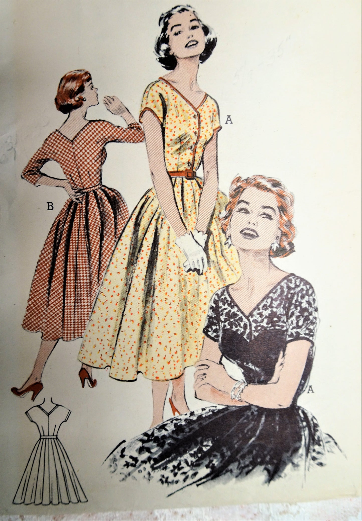 1950s LOVELY Dress Pattern BUTTERICK 6796 Day or Party Evening Dress, Flattering V Necklines Bust 32 Vintage Sewing Pattern