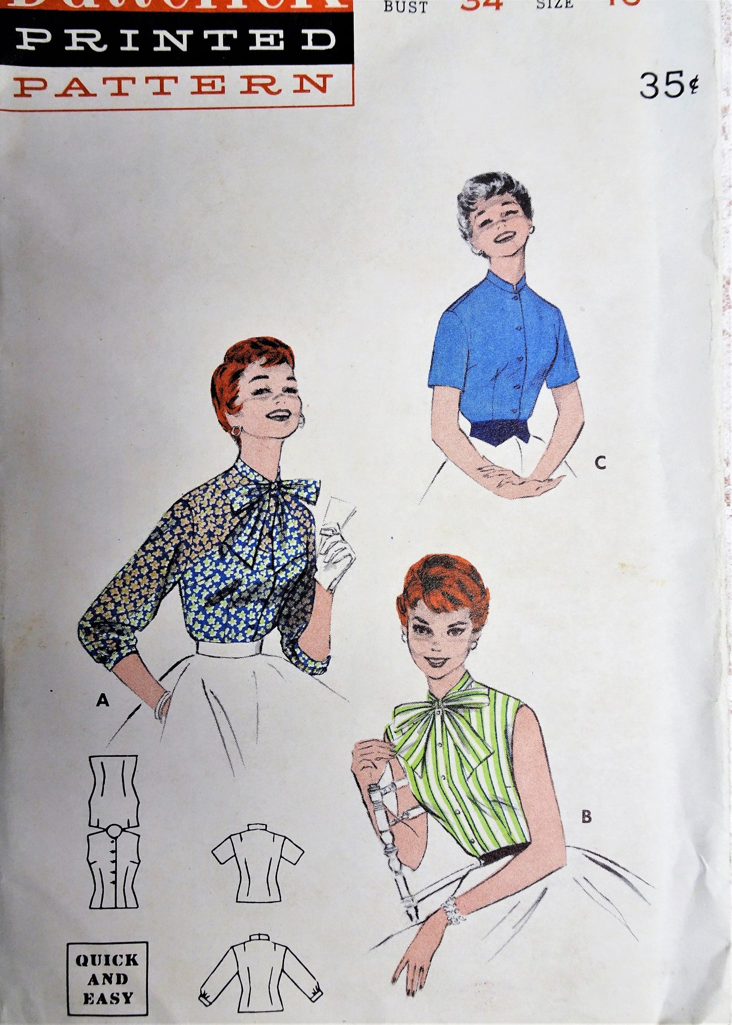 1950s PRETTY Blouse Pattern BUTTERICK 7396 Three Blouses with Bow or High Neckline Bust 34 Vintage Sewing Pattern