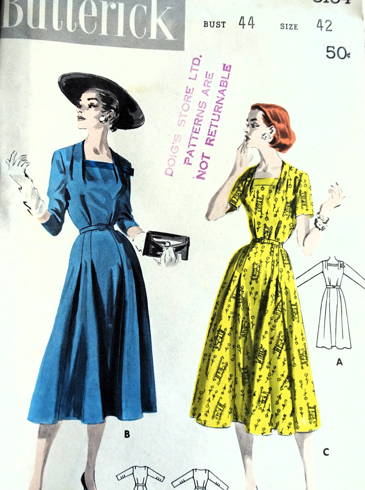 1950s BEAUTIFUL Dress Pattern BUTTERICK 8134 Square Neckline, Figure Flattering Design, Day or Party Dress, Bust 44 Vintage Sewing Pattern