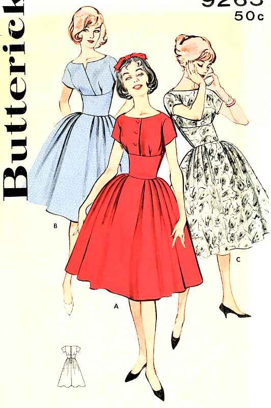 1960s Figure FLATTERING Dress Pattern BUTTERICK 9265 Rockabilly High Curved Midriff Full Skirt Three Lovely Necklines Scooped, Bateau and Surplice Bust 32 Vintage Sewing Pattern