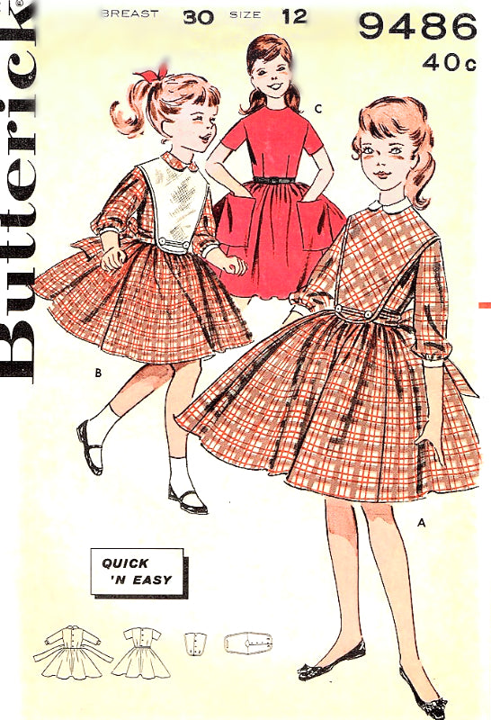 1960s PRETTY Girls Quick n Easy Dress Pattern BUTTERICK 9486 Three Sweet Styles Size 12 Vintage Childrens Sewing Pattern