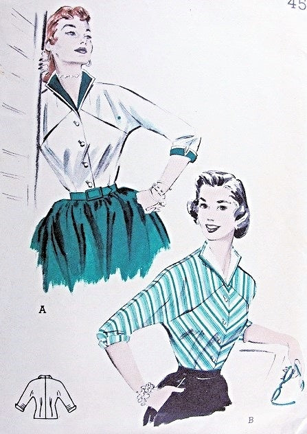 1950s Perky Wing Collar Blouse Pattern Butterick 6732 Oblique Pockets Rockabilly Blouses Vintage Sewing Pattern