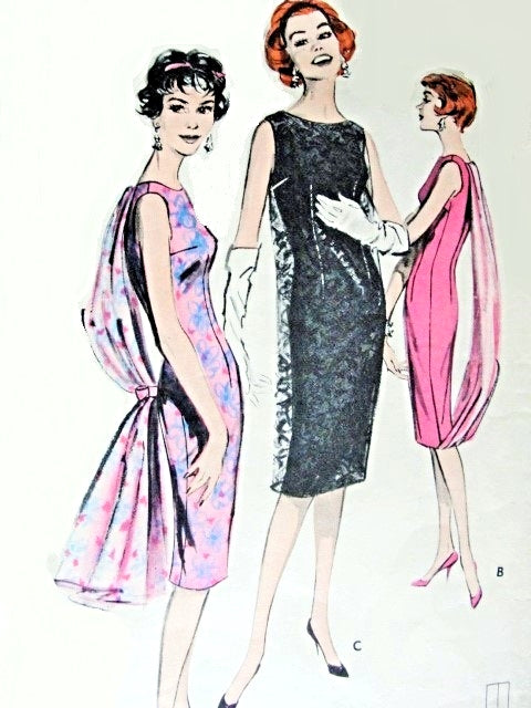 1950s ELEGANT Evening Sheath Dress Pattern BUTTERICK 8781 Flowing Panel Loose or Attached or Dramatic Sheer Over Dress Stunning Cocktail Party Dress Bust 34 Quick n Easy Vintage Sewing Pattern