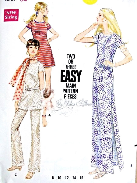 1960s MOD Slim Dress and Straight Leg Pants Pattern Butterick 5678 Pull Over Dress In Micro Mini, Mini or Maxi Length , Bust 34 Very Easy To Sew Vintage Sewing Pattern UNCUT