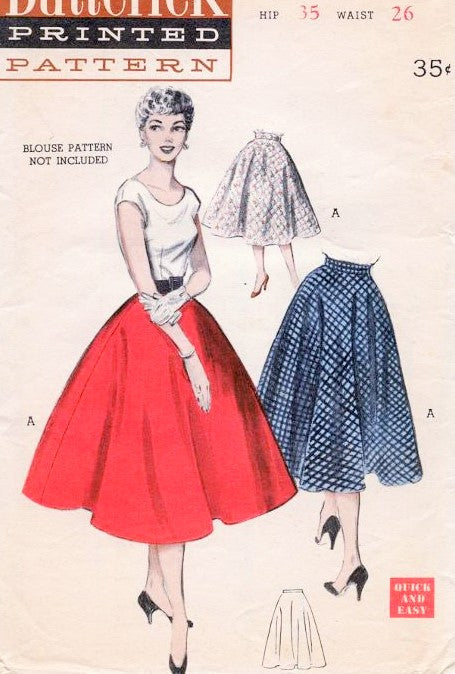 50s Butterick 6167 ROCKABILLY Quick and Easy Semi Circle Skirt Vintage Sewing Pattern Waist 26 or 30 UNCUT