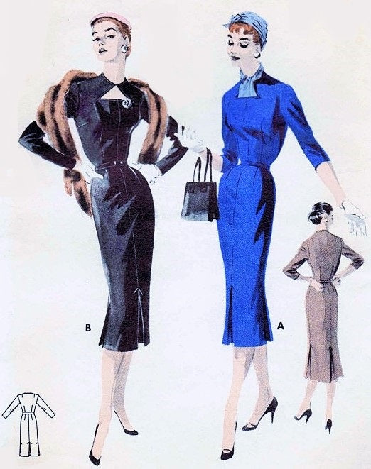 1950s Slim KEYHOLE Neckline Dress Pattern Butterick 7548 Striking Cocktail Evening or Day Dress Version Beautiful Design Details Bust 34 Vintage Sewing Pattern