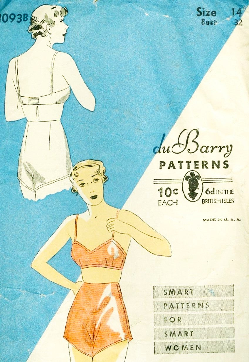 1930s DuBARRY 1093B Lingerie Pattern Tap Panties Bloomer Knickers and Bandeau Bra Pin Up Style Underwear Bust 32 Vintage Sewing Pattern