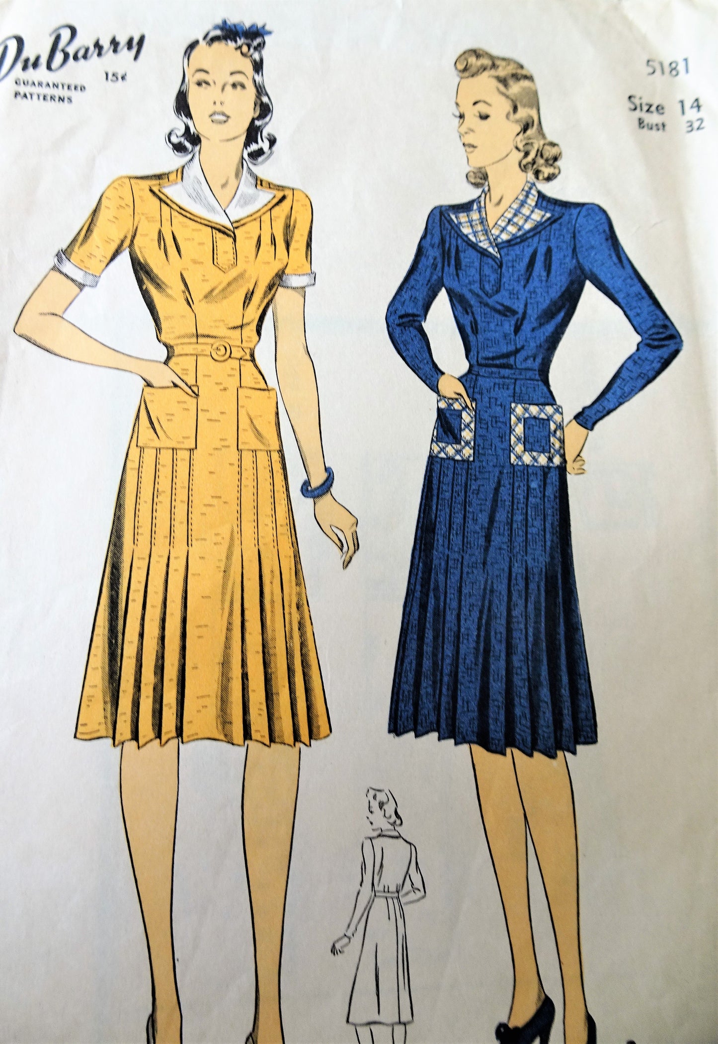 1940s CLASSIC Dress Pattern DuBARRY 5181 Front Pleated Dress, 2 Versions, Bust 32 Vintage Sewing Pattern