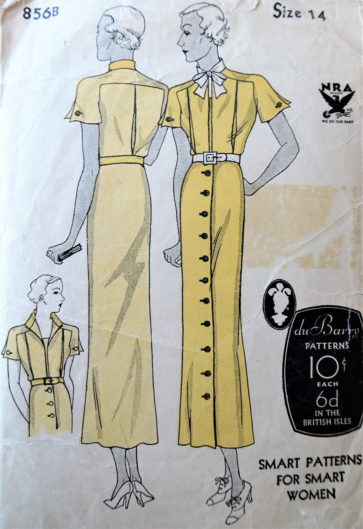 1930s SLEEK Front Button Dress Pattern DuBARRY 856B Bust 32 NRA Vintage Sewing Pattern