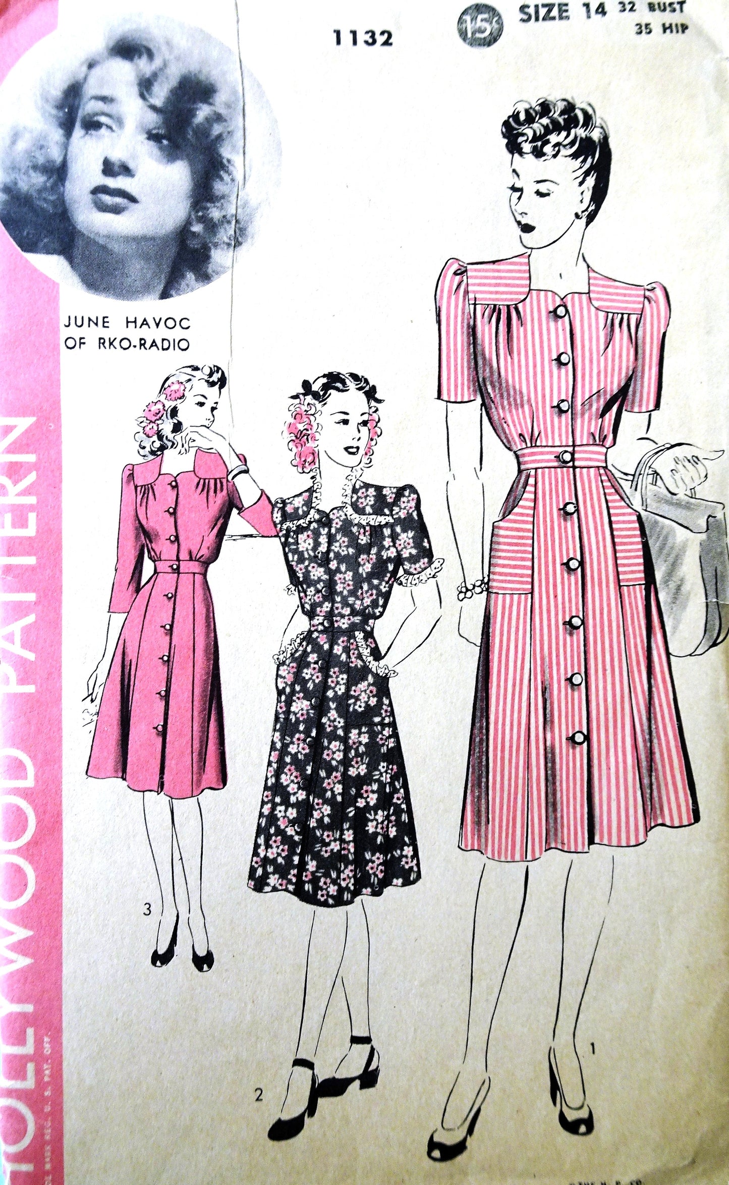 1940s CLASSIC Front Button Dress Pattern HOLLYWOOD 1132 Featuring RKO Starlet June Havoc Three Style Versions Bust 32 Vintage Sewing Pattern