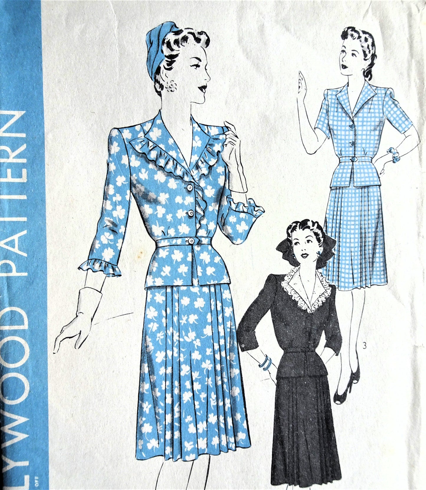 1940s STYLISH 2 Pc Dress Pattern HOLLYWOOD 1297 Peplum Blouse Top Pleated Front Skirt Bust 36 Vintage Sewing Pattern