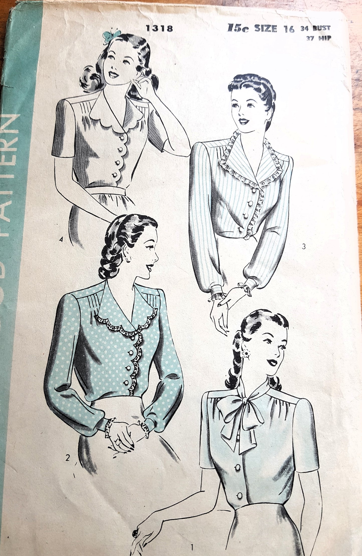 1940s BEAUTIFUL Set of Blouses Pattern HOLLYWOOD 1318 Four Lovely Style Versions, Feminine, Bust 34 Vintage Sewing Pattern