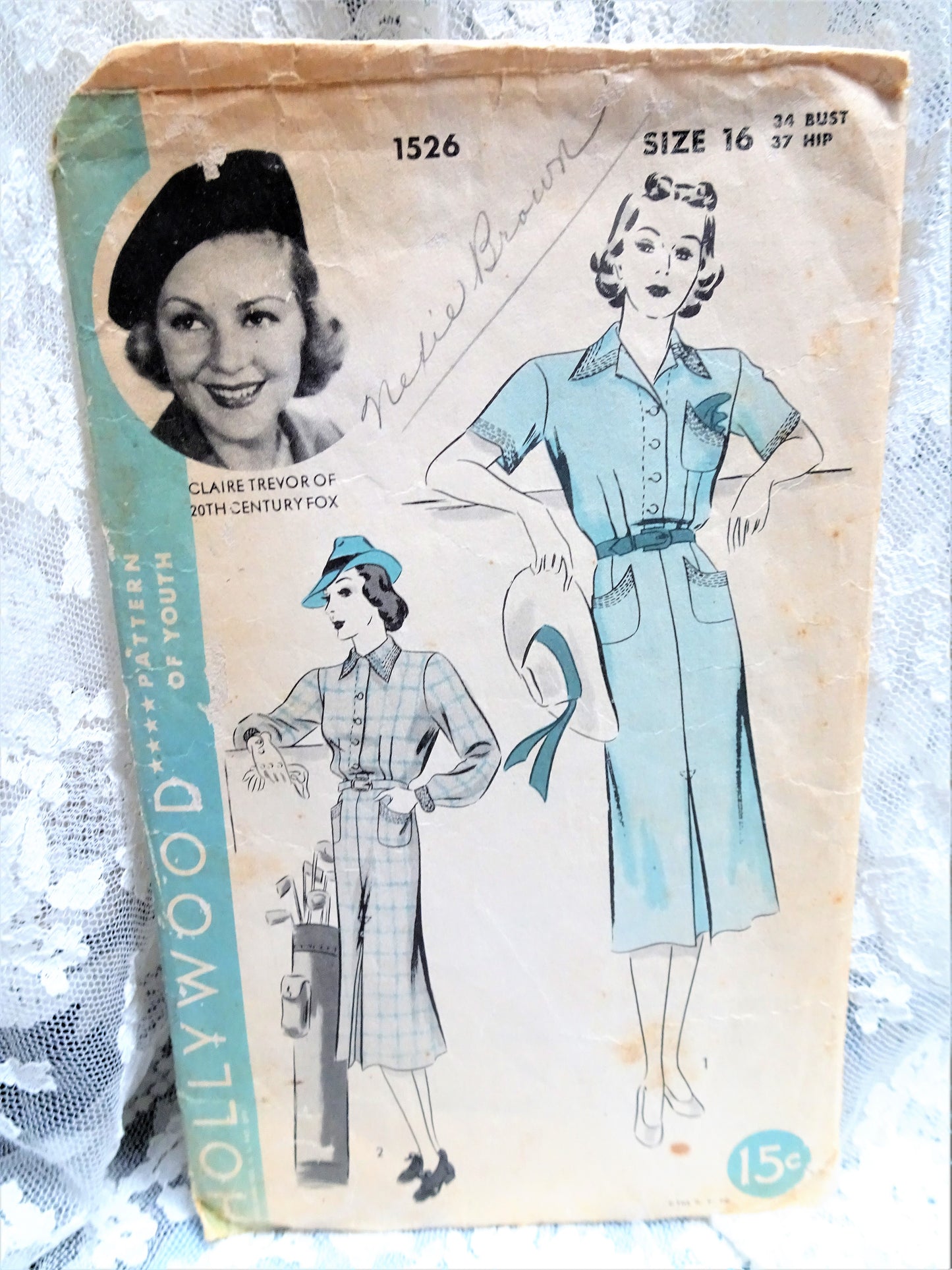 1930s CLASSY Tailored Dress Pattern HOLLYWOOD 1526 Features Starlet Claire Trevor Smart Design Bust 34 Vintage Sewing Pattern
