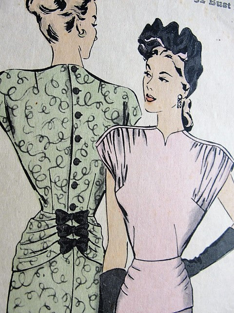 1940s GORGEOUS Dress With Adrian Style Sleeves and Draped Peplum Pattern HOLLYWOOD 1751 Two Beautiful Style Versions Daytime or Evening Cocktail Party Bust 32 Vintage Sewing Pattern